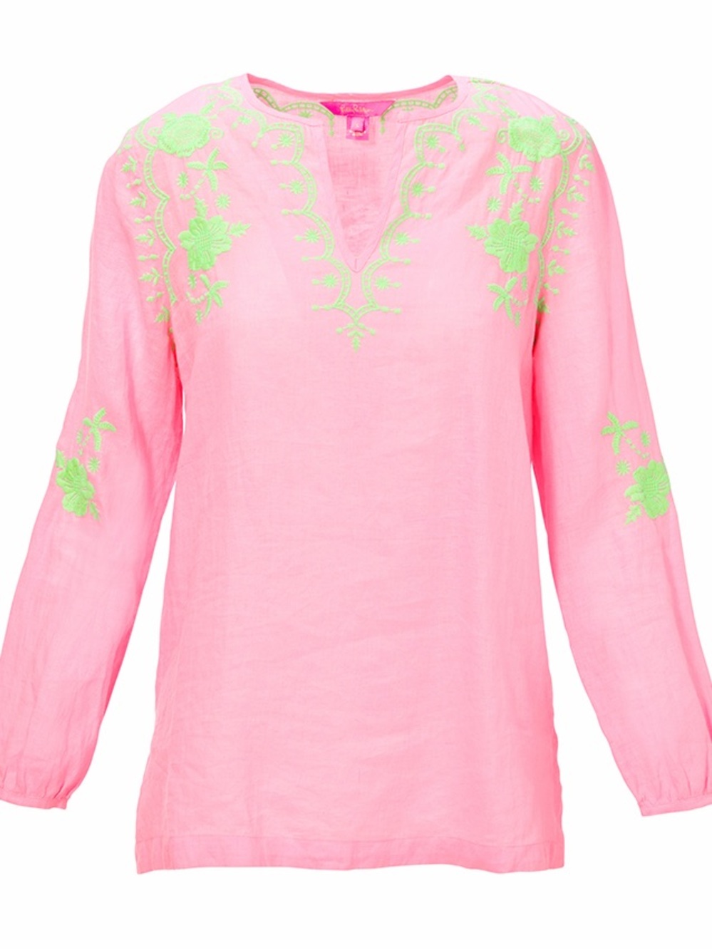 Lilly Pulitzer Coby Linen Blouse Pink and Green Embroidered
